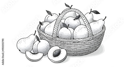 Black and white illustration of a woven basket overflowing with apples, pears, and peaches, with additional fruits scattered nearby.
