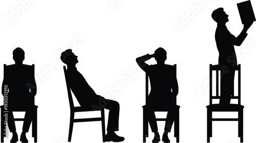 Black Silhouette Set of Businessman Sitting on Chair Relaxing Thinking and Standing on Furniture to Reach Higher Isolated Vector Illustration for Office and Business Concept