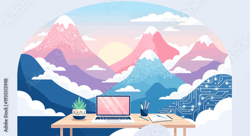 Stylized illustration of a serene workspace with a laptop on a desk, set against a vibrant, layered mountain landscape with a sunrise and subtle tech patterns.