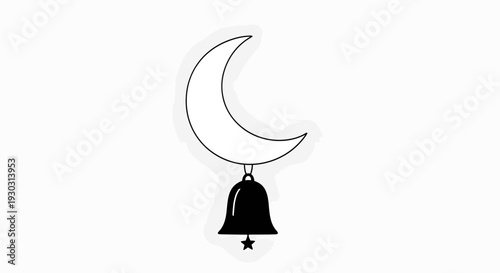 Minimalist black and white illustration of a crescent moon with a small black bell hanging from its lower curve, featuring a tiny star at the bottom.