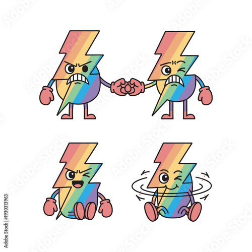 Cartoon lightning bolts fighting with fists in different poses on white background