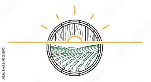 Sunrise Over Vineyard and Wine Barrel Logo Concept