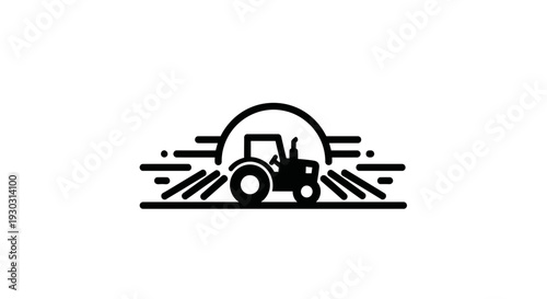Tractor spraying crops under an arching sun, agricultural farming icon