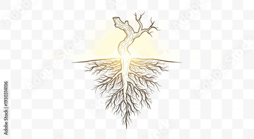 Tree with deep roots and glowing crown, symbolizing growth, life, and connection