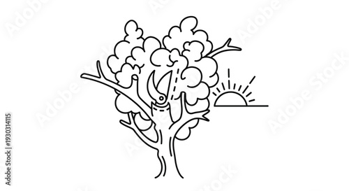 Tree Pruning and Sunrise Icon: Gardening, Growth, and New Beginnings Concept