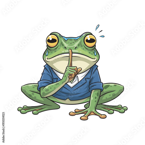 Thoughtful cartoon frog in business attire contemplating with copy space