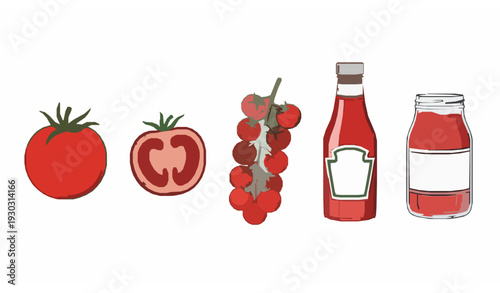 Hand drawn tomato and ketchup outline icon set vector food