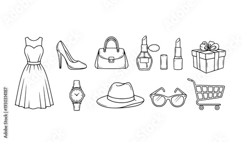 Hand drawn fashion monoline icons set dress shoes purse vector