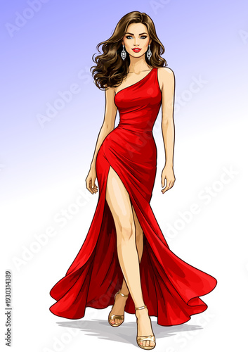 070-04-Elegant woman in a glamorous red dress walking, presenting beauty and fashion