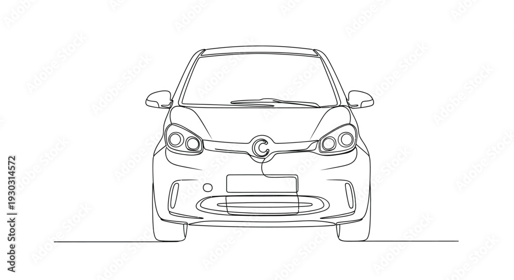 Fototapeta premium Modern Compact City Car Front View in Continuous Line Art