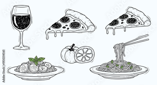 Vintage engraving of ramen bowl pumpkin citrus and drinkware