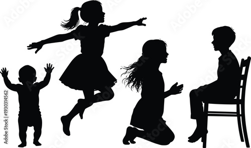 Black Silhouette Set of Children in Various Poses Including Baby Standing Girl Jumping Kneeling and Boy Sitting on Chair Isolated on White Background for Family