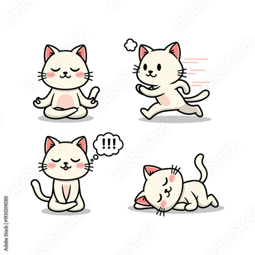 Cute cartoon cat meditating and reacting with emotions on white background
