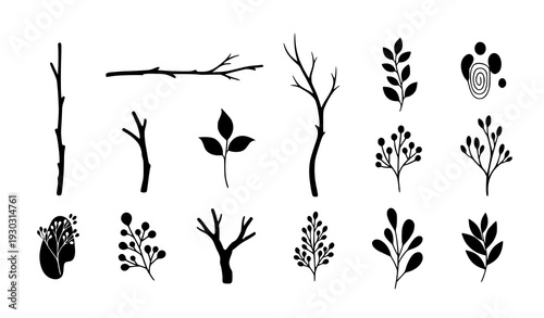 Black twig silhouette set minimal botanical vector branches