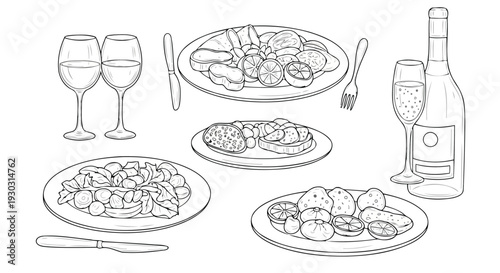 Banquet outline vector featuring champagne salads and appetizers
