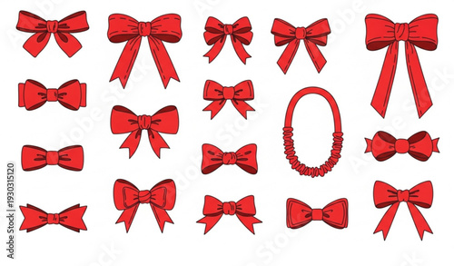 Red Hair Bow Accessories Hand Drawn Flat Vector Collection