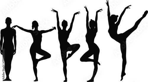 Black Silhouette Set of Female Ballet Dancers in Various Elegant Poses and Graceful Movements Isolated on White Background for Dance School and Artistic Projects