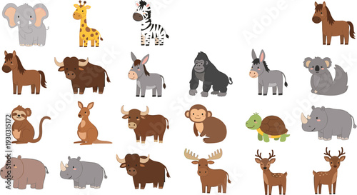 Cute Safari and Wild Animals Collection with Elephant Giraffe Zebra Monkey Deer Buffalo and More Cartoon Vector Set