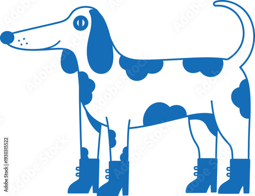 A blue and white illustration of a dachshund dog standing