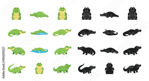 Collection of cartoon-style alligators and gummy bear-like creatures in various poses, both in green and black silhouettes.