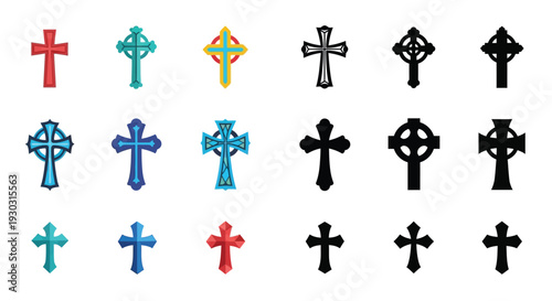 A collection of various Christian cross symbols, including Celtic and traditional designs, in different colors and sizes.