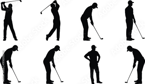 Golf player silhouette set, golfer swing putting stance black vector sports collection isolated on light background illustration