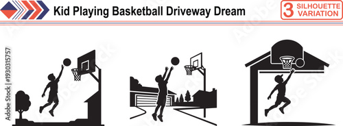 Silhouette of Kid Playing Basketball in Driveway at Sunset for Youth Ambition and Sports Dream
