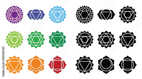 Collection of Chakra Symbols in Various Colors and Styles, Representing Energy Centers.