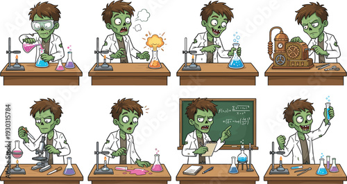 Zombie Scientist Laboratory Cartoon Set, Undead Chemist Conducting Experiments, Mixing Chemicals and Teaching Science in Spooky Classroom Illustration