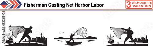 Fisherman Silhouette Casting Net in Harbor at Sunrise for Traditional Maritime Fishing Labor