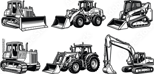 Construction Heavy Equipment Illustration Set, Bulldozer, Loader and Excavator Black and White Detailed Machinery Vector Collection