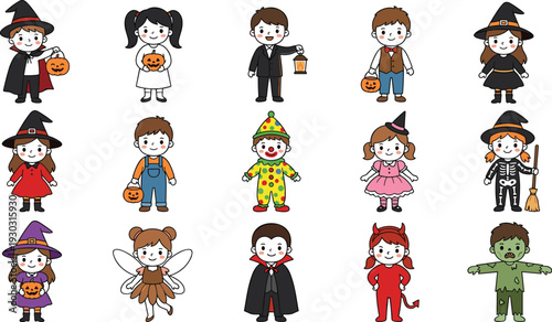 Cute Kids Halloween Costume Collection, Cartoon Children Dressed as Witch, Vampire, Clown and Pumpkin Characters Illustration Set