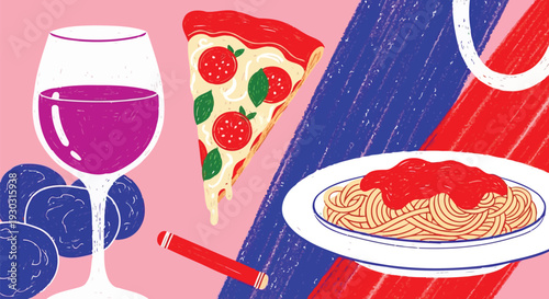 Vivid modern painting of pizzeria triangle noodles and purple drink