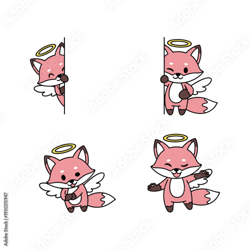 Cute cartoon fox with angel wings and halo in various poses on white background