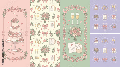 A collection of charming wedding-themed illustrations featuring a tiered cake, floral arrangements, champagne, and romantic motifs on pastel backgrounds.