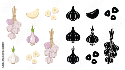 A collection of stylized illustrations of garlic bulbs, cloves, and braided bunches, presented in both color and silhouette forms.