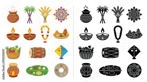 Collection of colorful and monochrome icons representing Pongal festival elements, including pots, sugarcane, lamps, and traditional food.