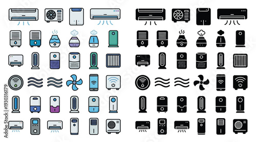 Collection of diverse air treatment appliance icons, including air conditioners, humidifiers, purifiers, and fans, presented in two distinct color palettes.