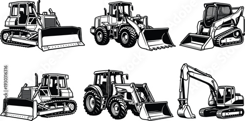 Heavy Construction Equipment Vector Set, Bulldozer, Wheel Loader, Skid Steer and Excavator Black and White Machinery Illustration Collection