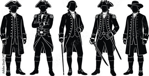 Historical Revolutionary War Soldiers Silhouette Set, Black Colonial Military Officers in 18th Century Uniform Costume Illustration Collection