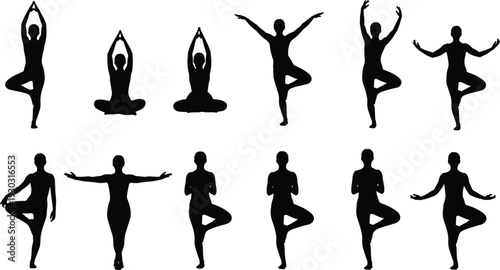 Yoga pose silhouettes set, black and white vector illustration of woman practicing balance meditation isolated on white background
