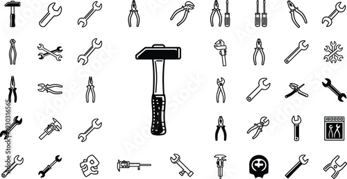 Hand tools icon set featuring hammer, wrench, pliers, screwdriver, repair equipment vector illustration collection
