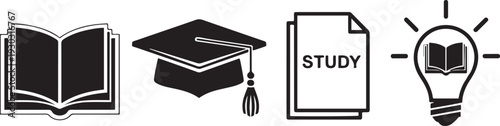 Four black and white representing education and learning open book graduation cap study document and lightbulb with book
