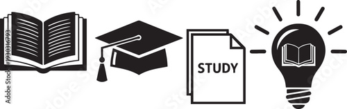 Open book graduation cap study paper and lightbulb with book inside mortarboard tassel