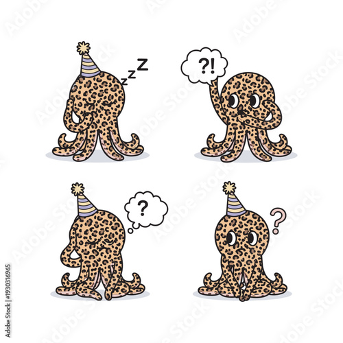 Cute cartoon octopus sleeping and waking up with confusion and question marks in party hat