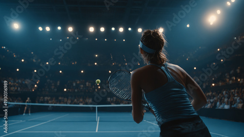 Athletic Female Tennis Player Hitting a Ball Under Spotlights in a Dark Stadium with Spectators. Cinematic Shot Captures a Winning Strong Shot During a Match