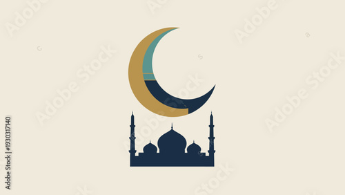 Vector illustration of a mosque silhouette with crescent moon above, symbolizing Islamic faith and culture in a minimalist design.
