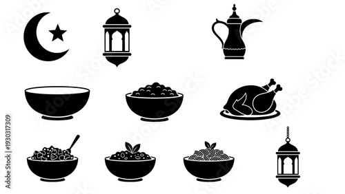 Ramadan icons set including crescent moon, lanterns, and traditional foods on a white background from a straightforward viewpoint