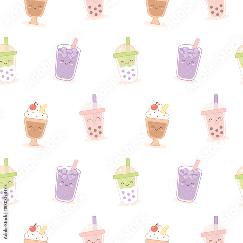 Kawaii boba tea seamless pattern with bubble milk tea characters