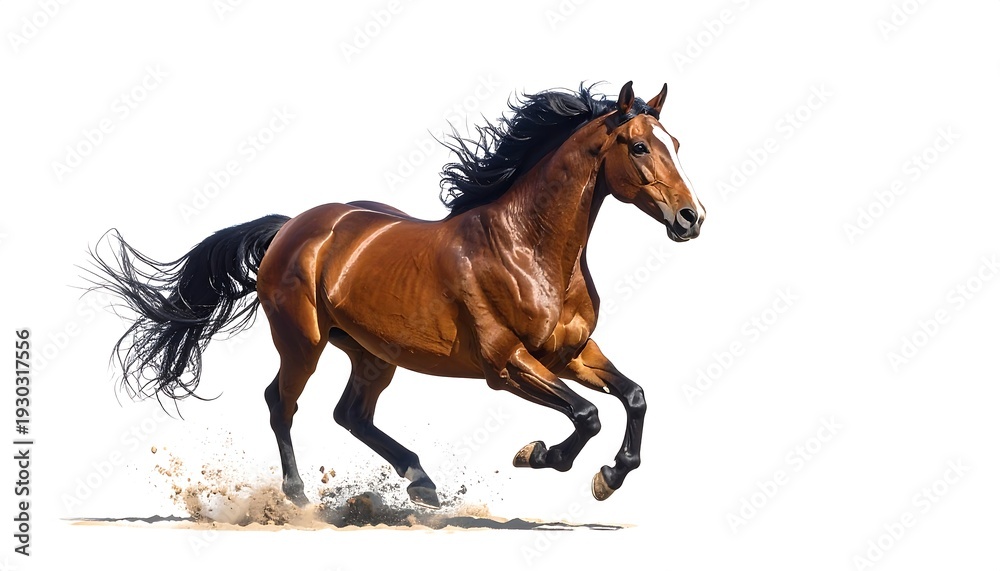 Obraz premium Majestic Brown Horse Galloping Freely on White Background.